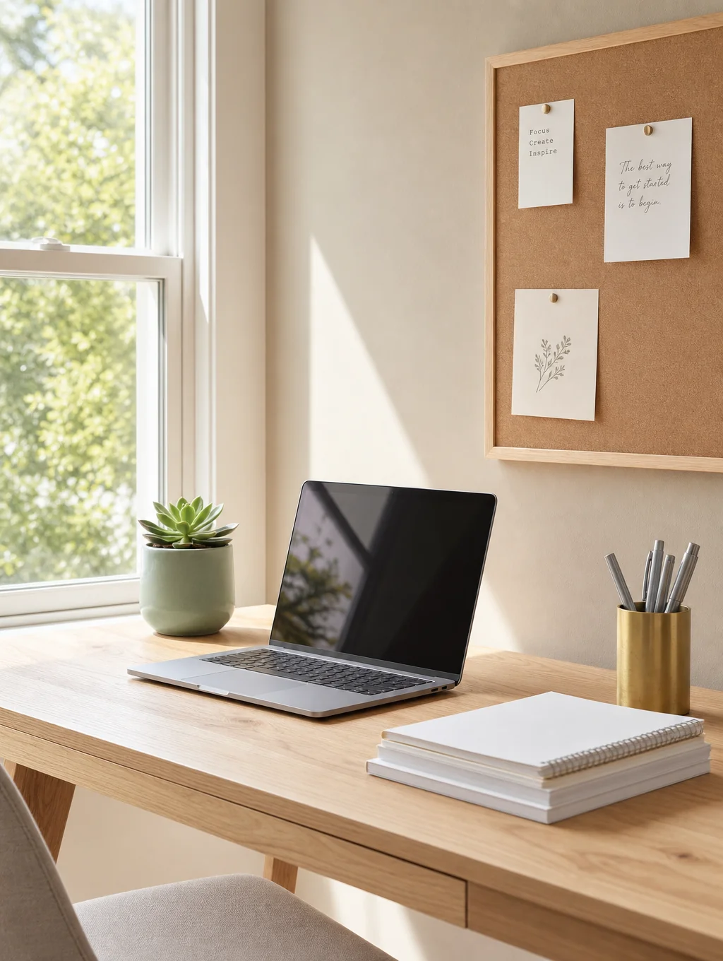 Clean, modern workspace with a laptop displaying AI software dashboards and a notebook